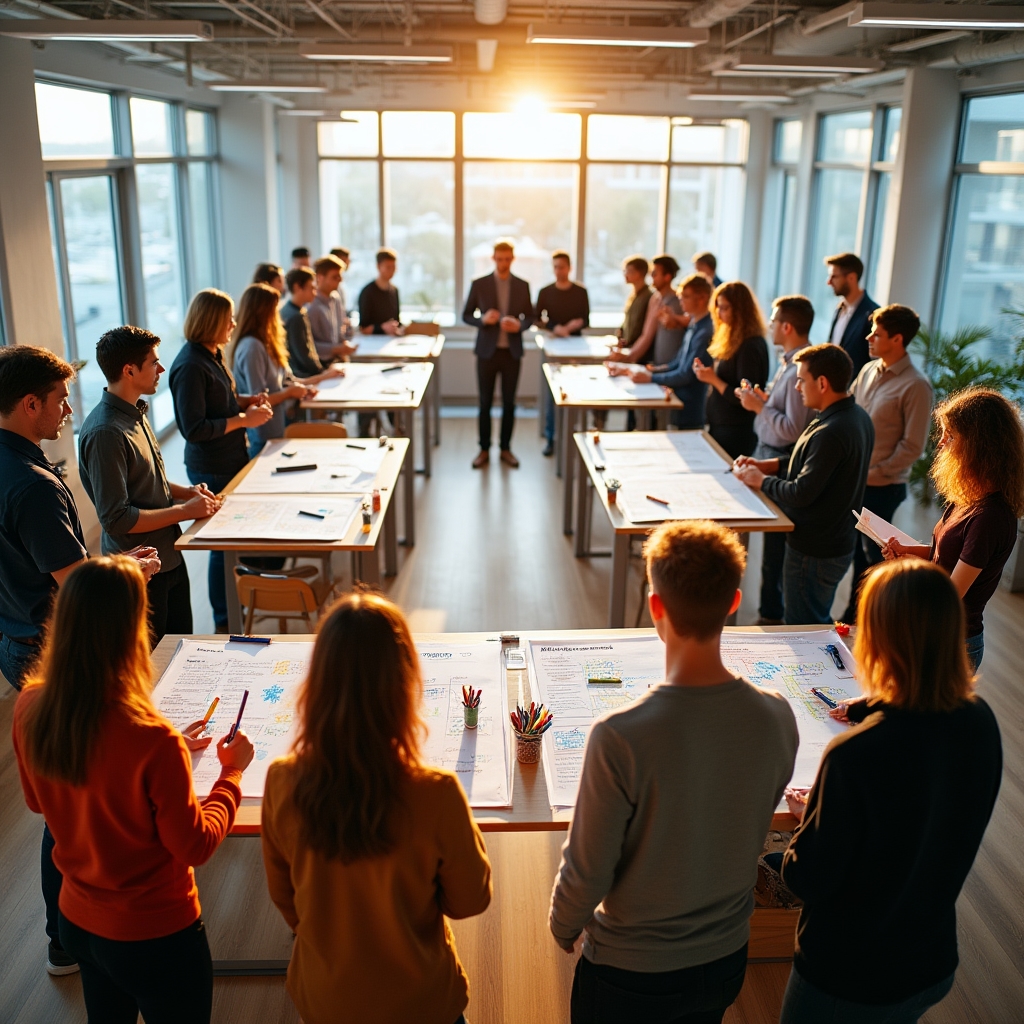 Группа участников работает на корпоративном воркшопе